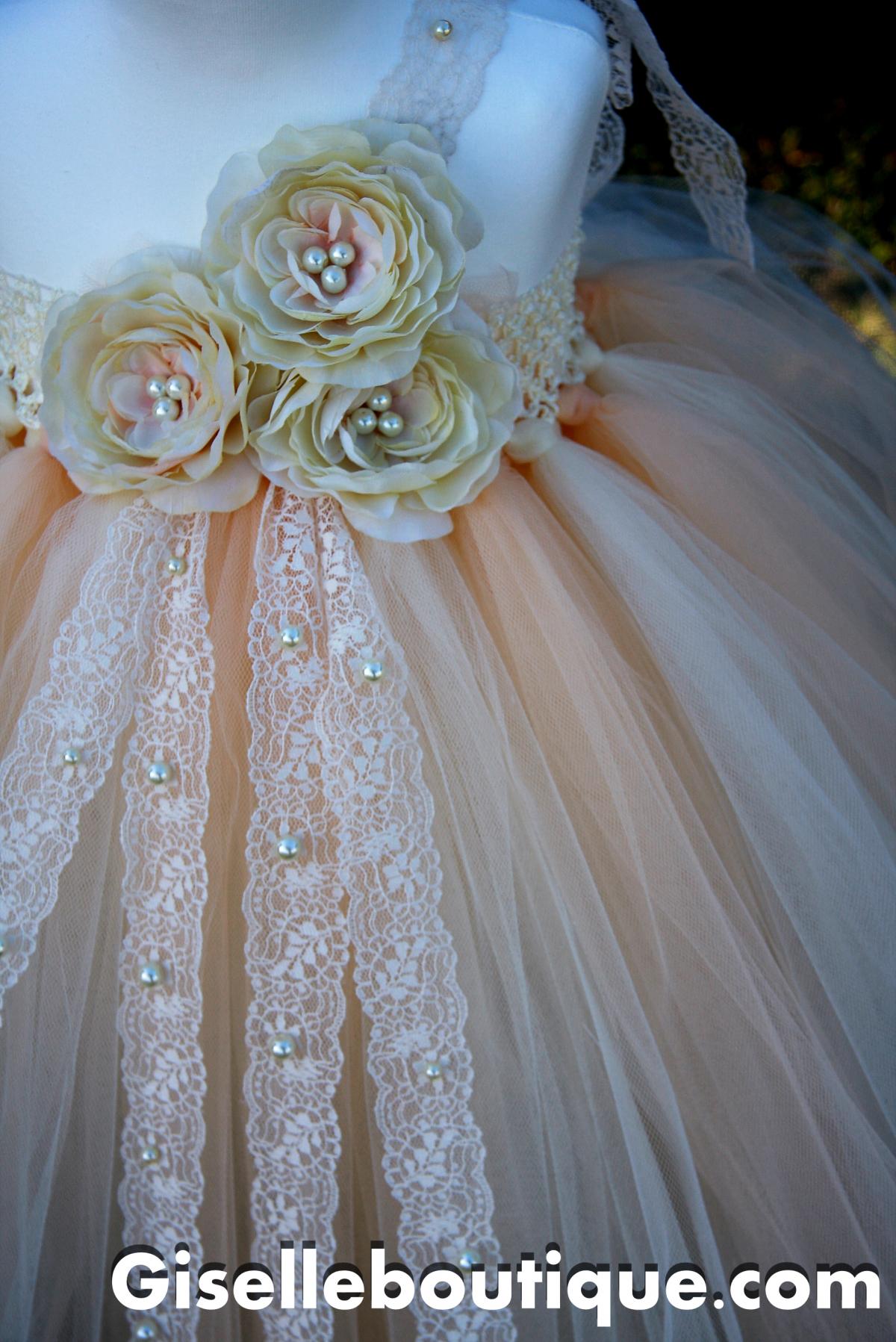 Flower Girl TuTu Dress.Ivory Vintage Lace with Pearls TuTu Dress.Wedding . Birthday