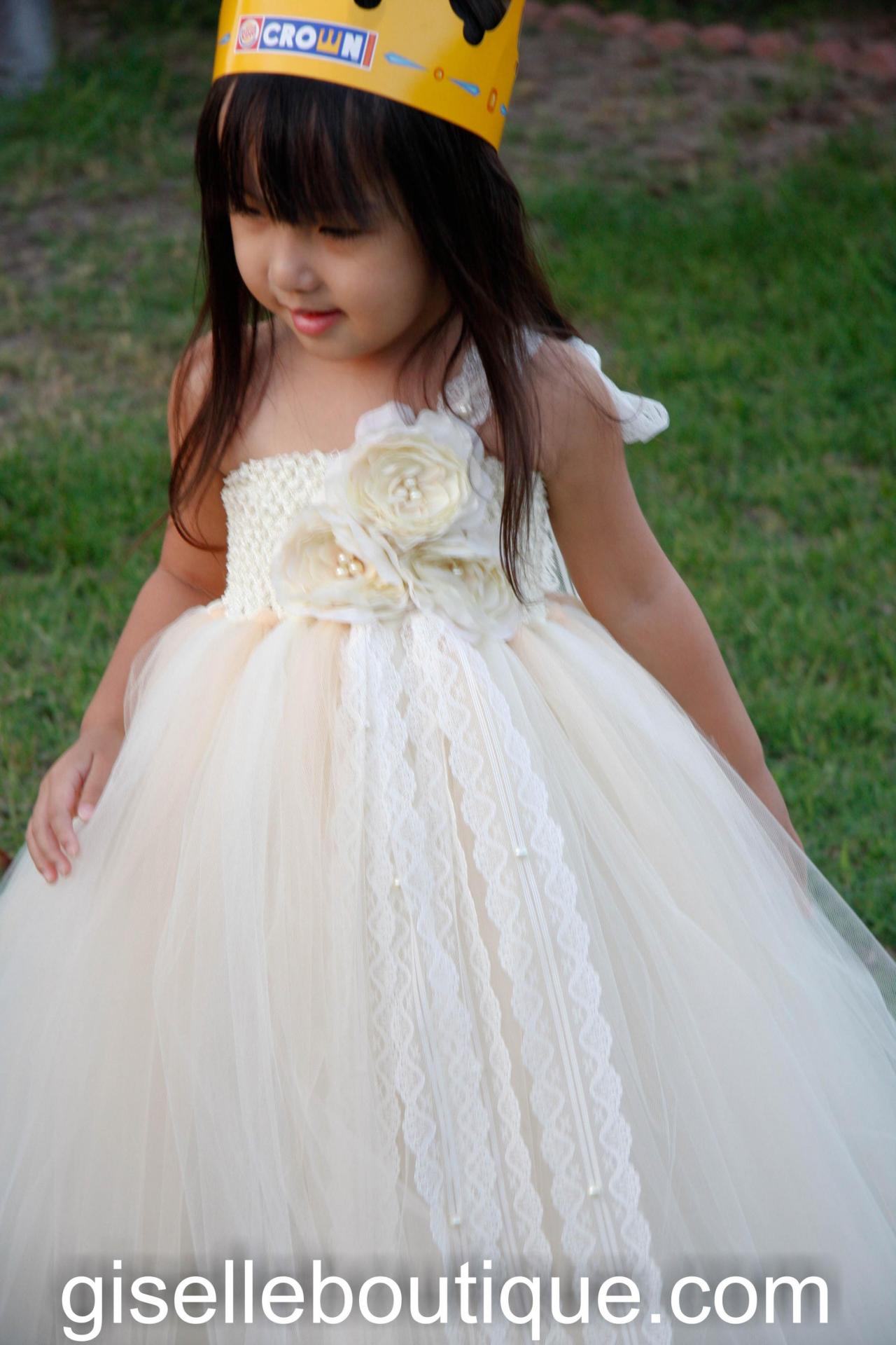 Flower Girl Tutu Dress. Ivory And Beige With 3 Roses Tutu Dress.wedding ...
